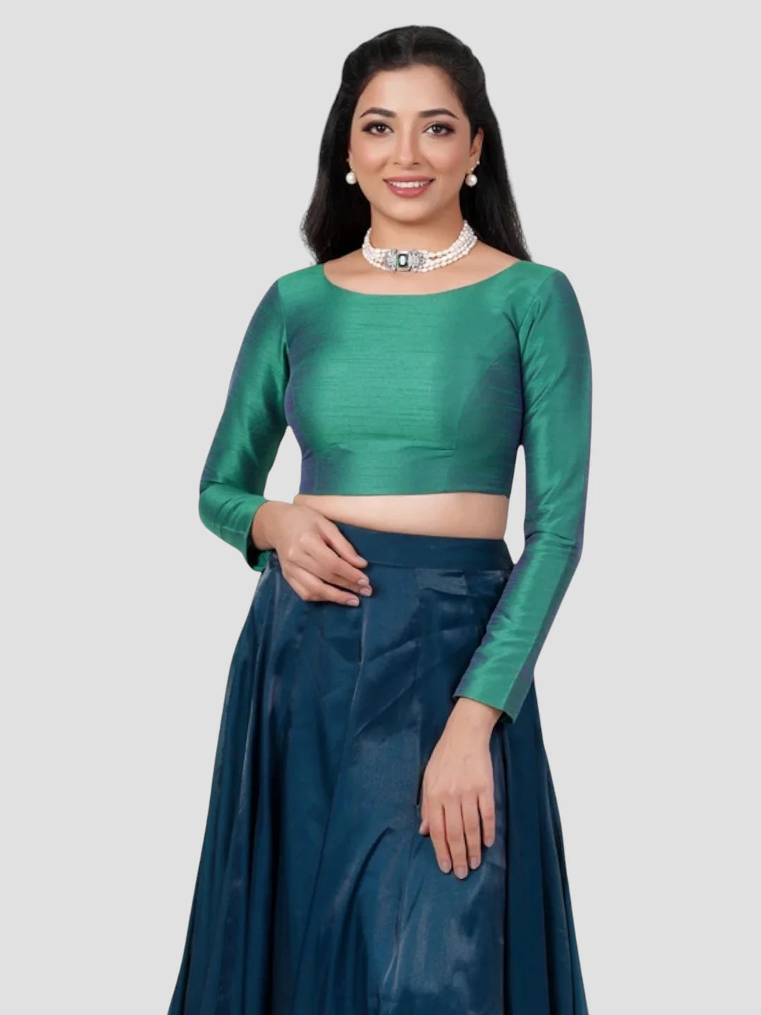 Green Silk V Neck Full Sleeves Readymade Blouse