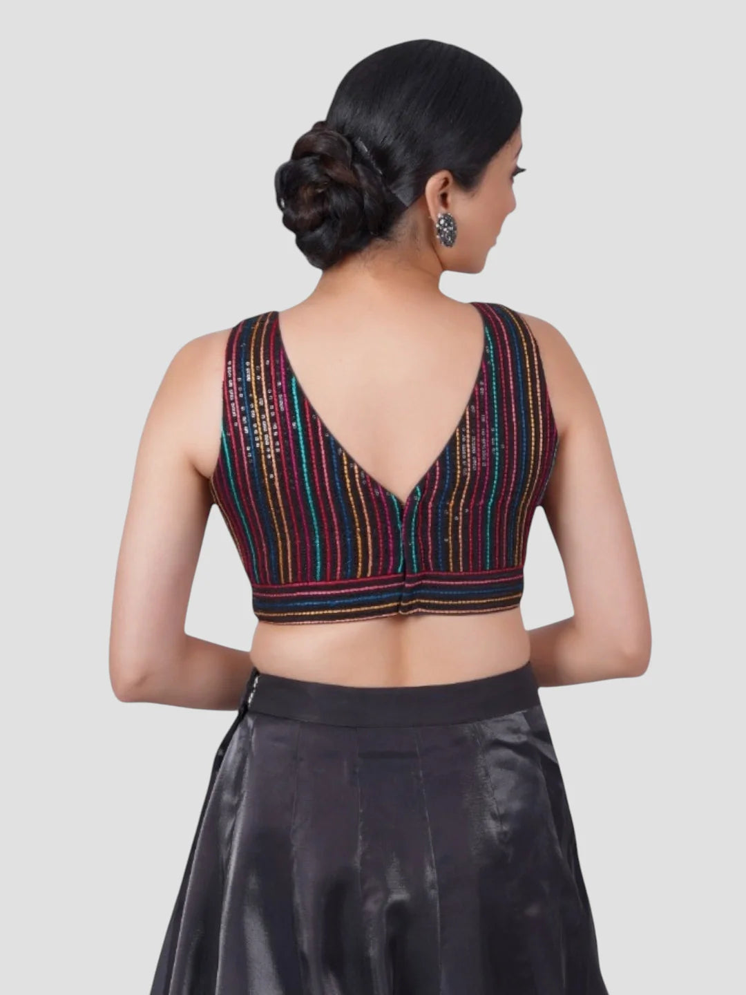 Black Sequence Threadwork Sleeveless V Neck Readymade Saree Blouse