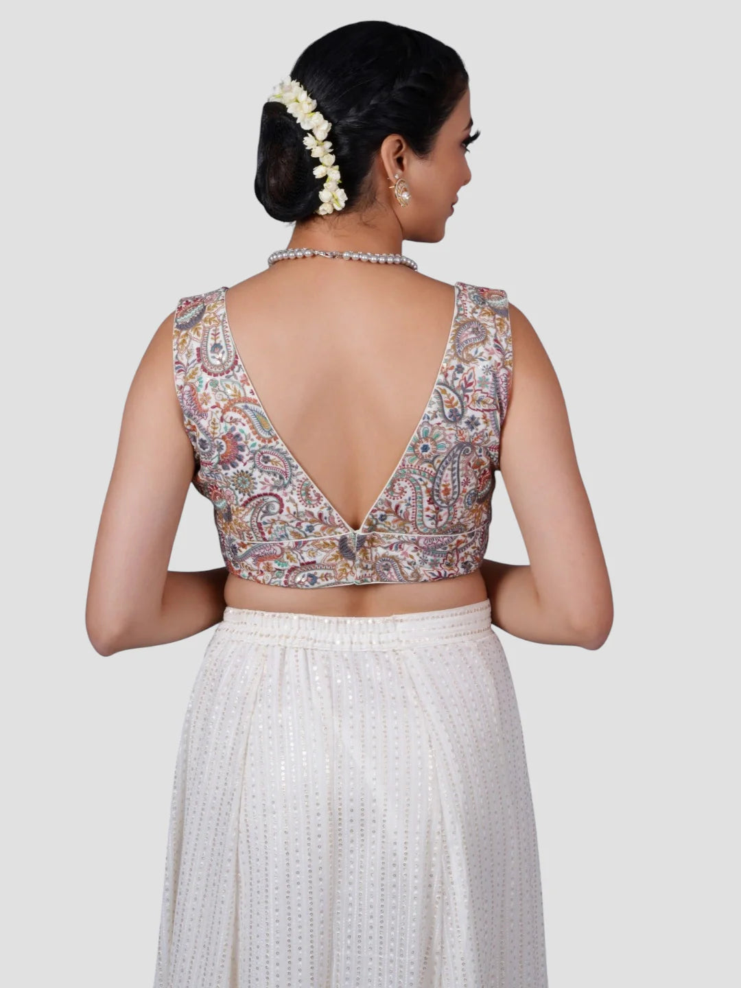 Multicolor Threadwork Deep Neck Sleeveless Readymade Saree Blouse