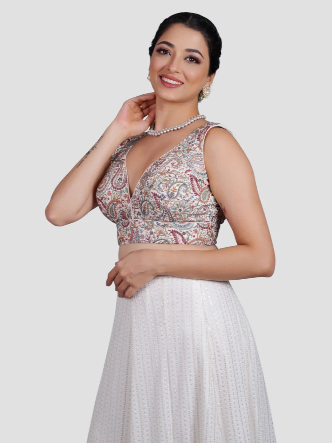 Multicolor Threadwork Deep Neck Sleeveless Readymade Saree Blouse