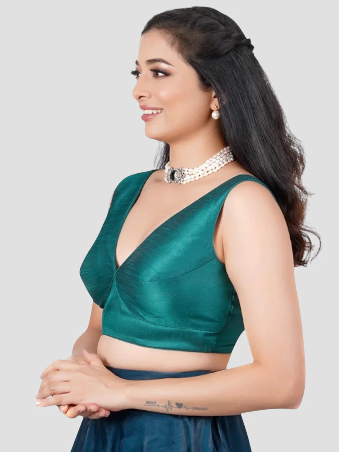 Green Silk V Neck Sleeveless Readymade Blouse