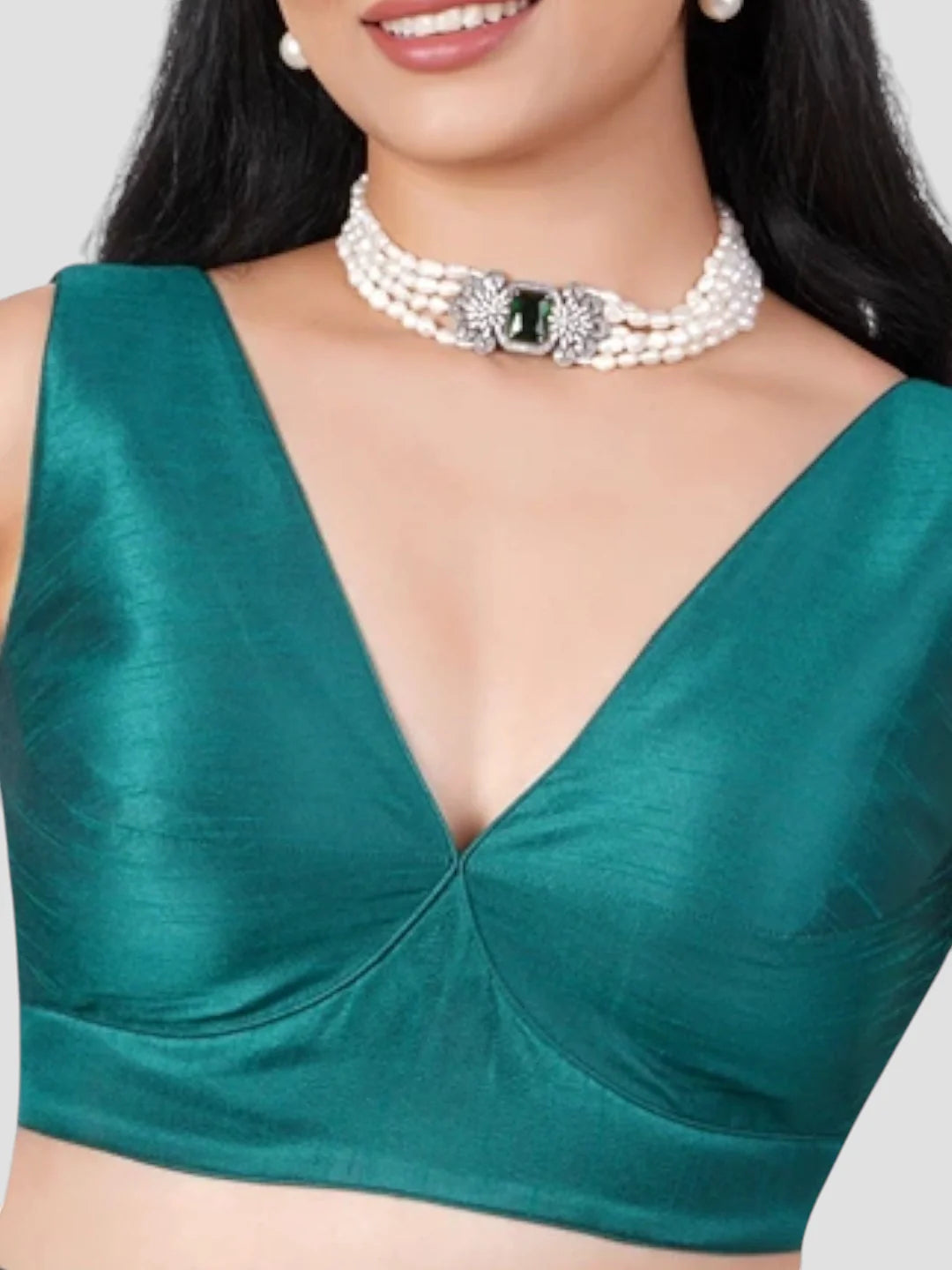 Green Silk V Neck Sleeveless Readymade Blouse