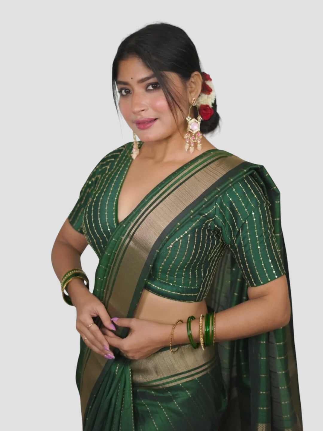 Green Silk V Neck Half Sleeves Readymade Blouse