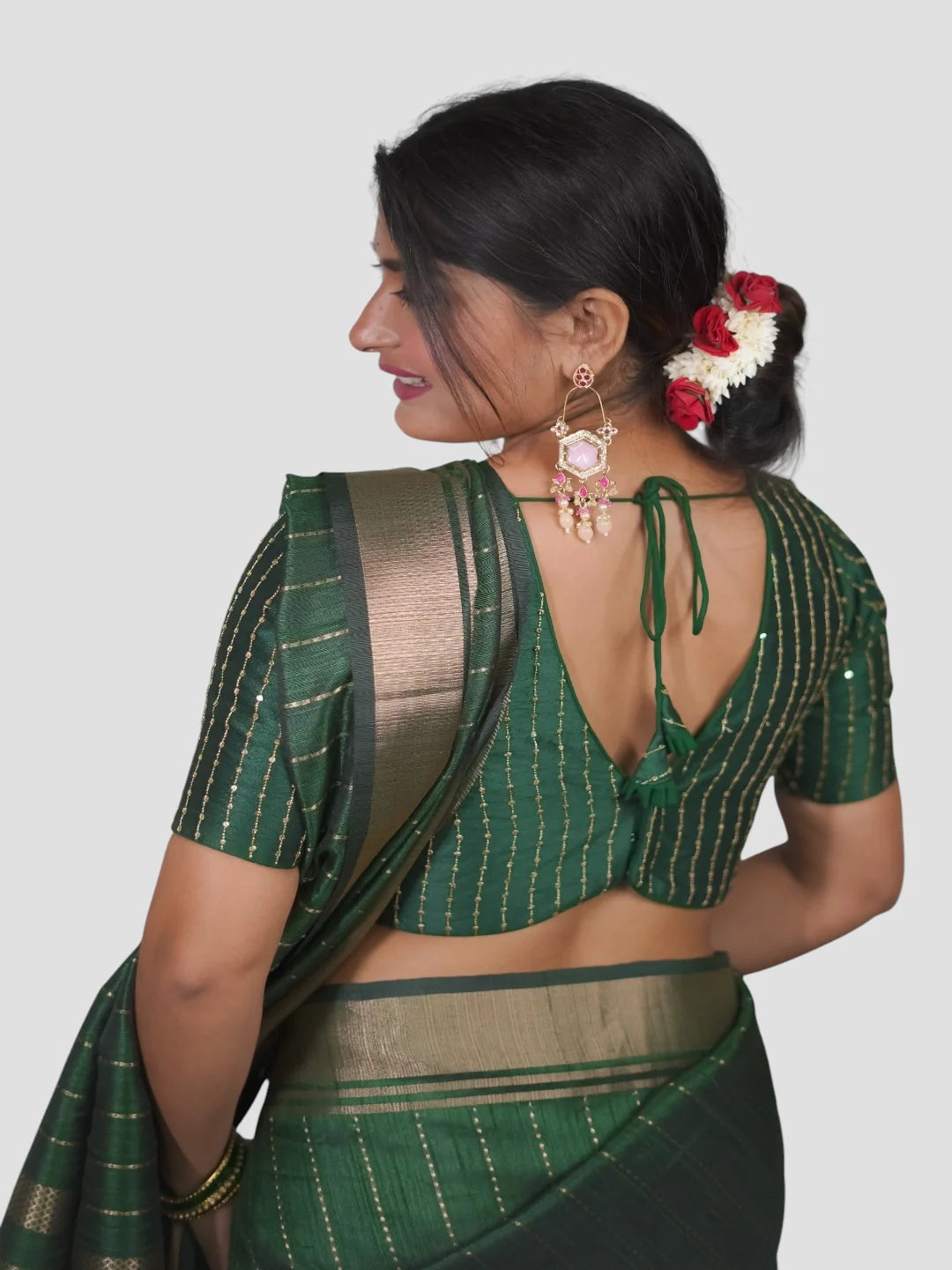 Green Silk V Neck Half Sleeves Readymade Blouse