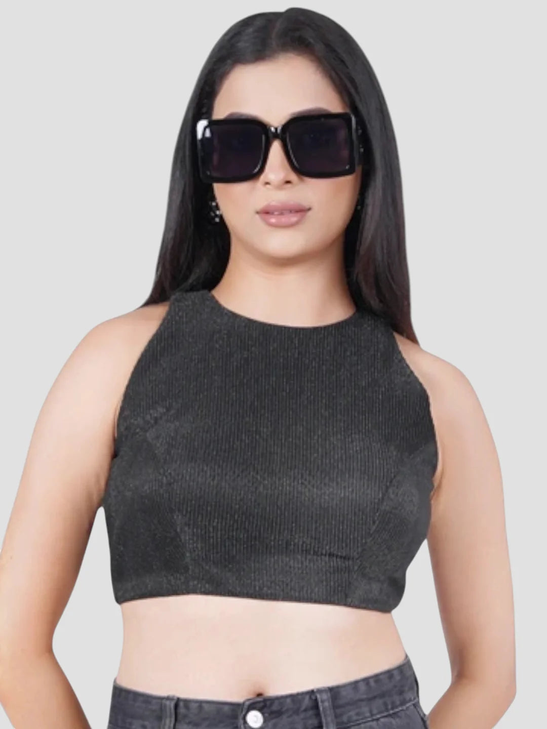 Black Incut Crush Fabric Sleeveless Readymade Blouse