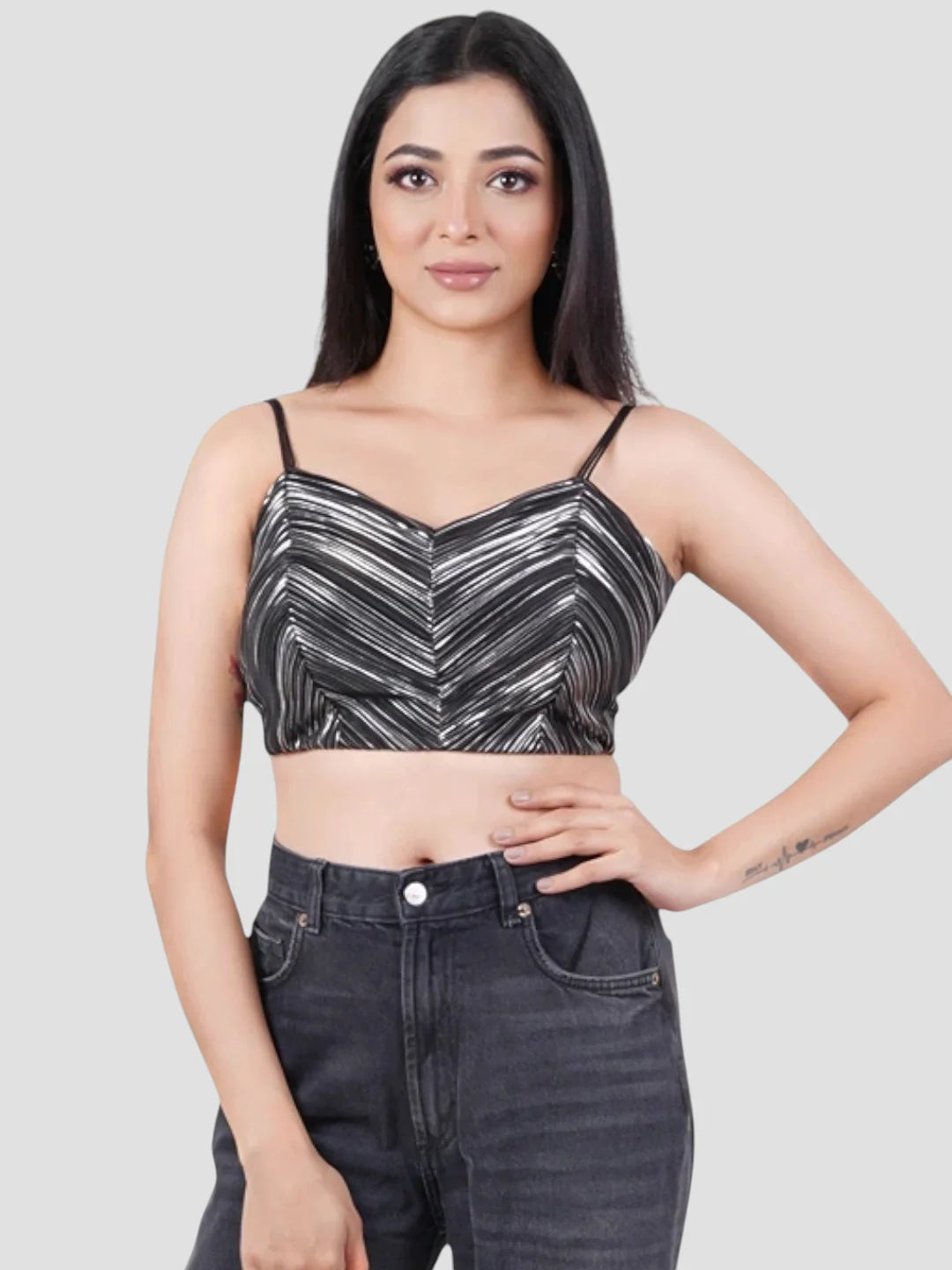 Black Silver Crush Fabric Sleeveless Readymade Blouse