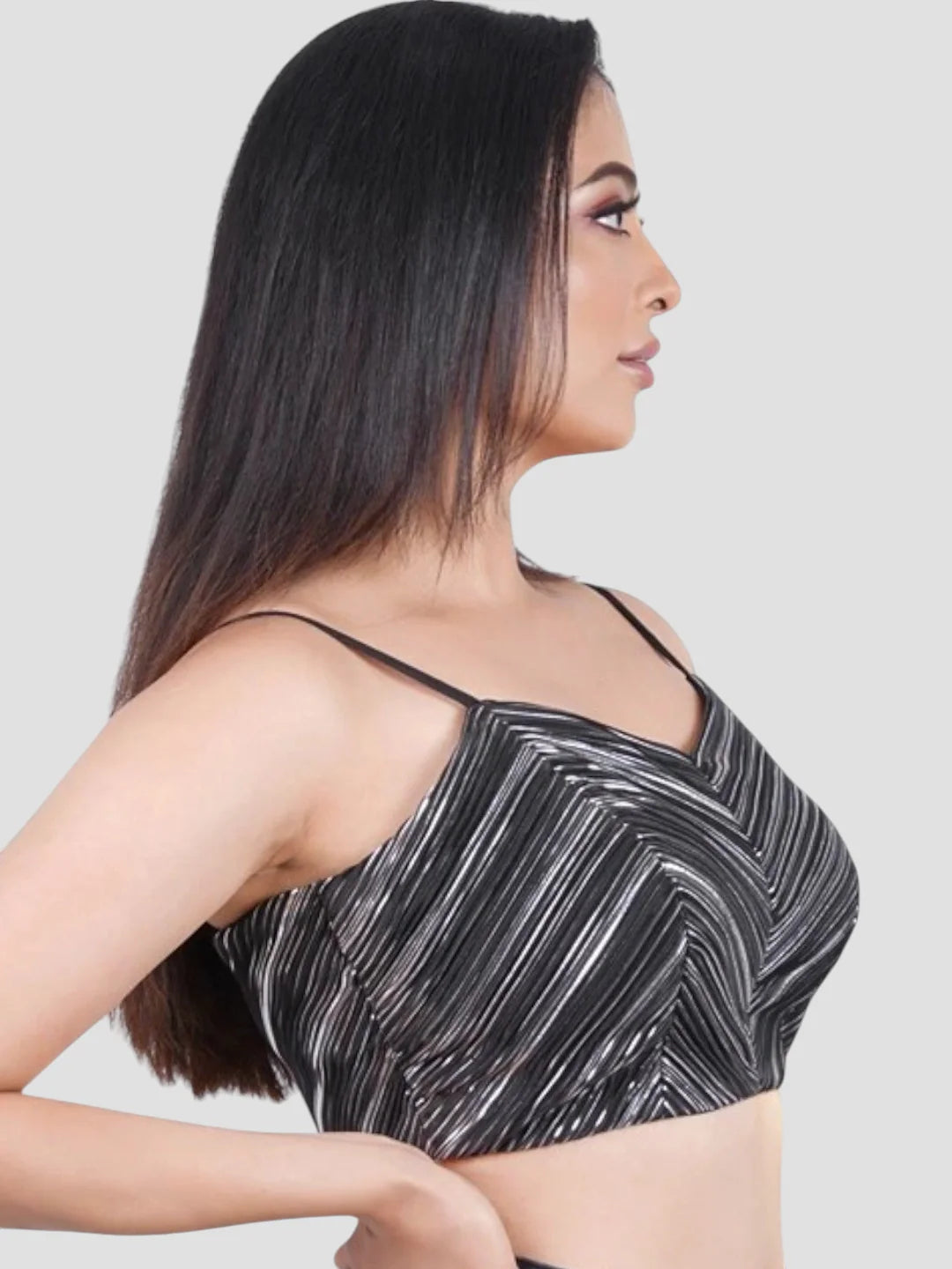 Black Silver Crush Fabric Sleeveless Readymade Blouse