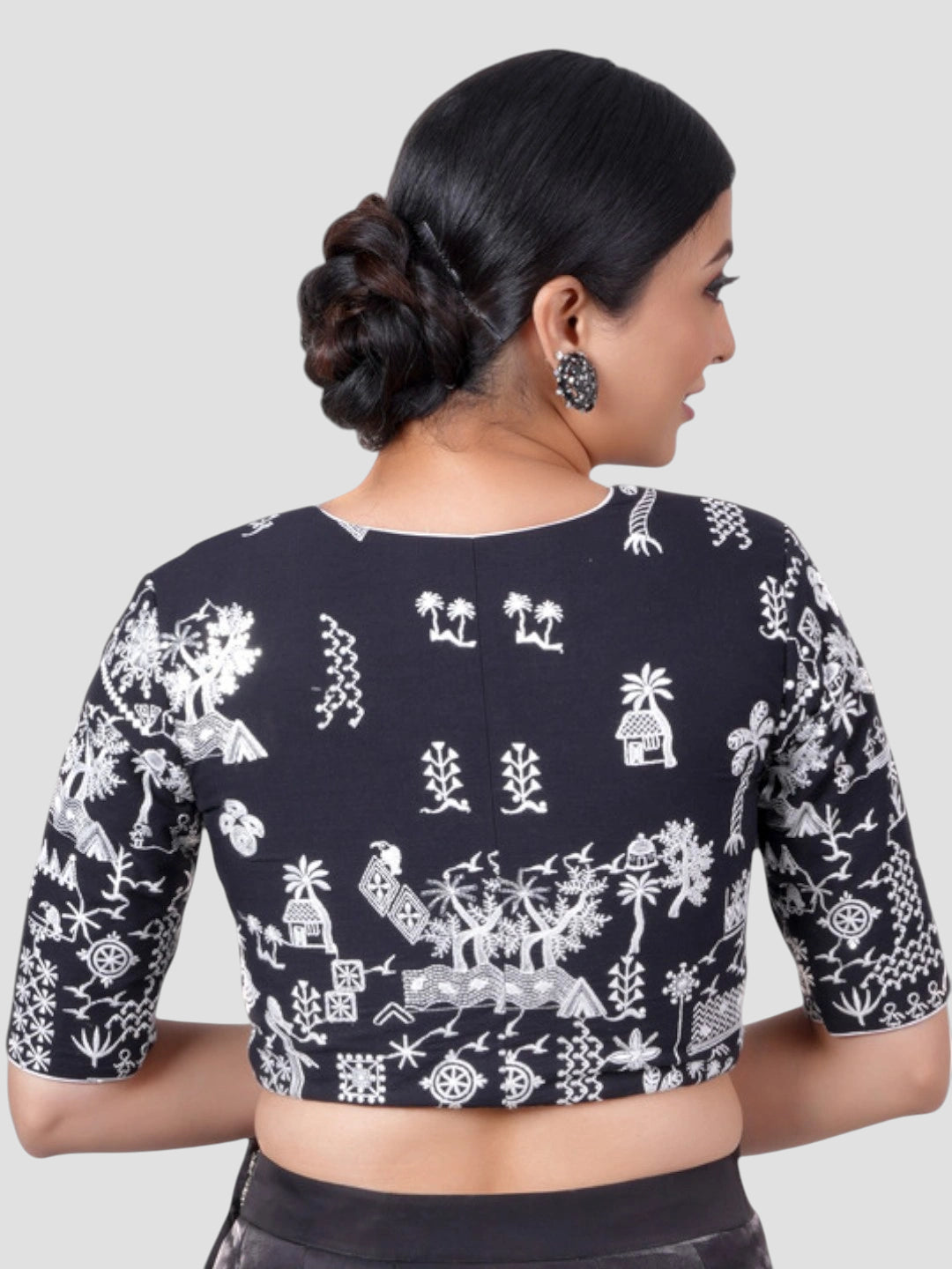 Black Cotton V Neck Half Sleeves Readymade Blouse