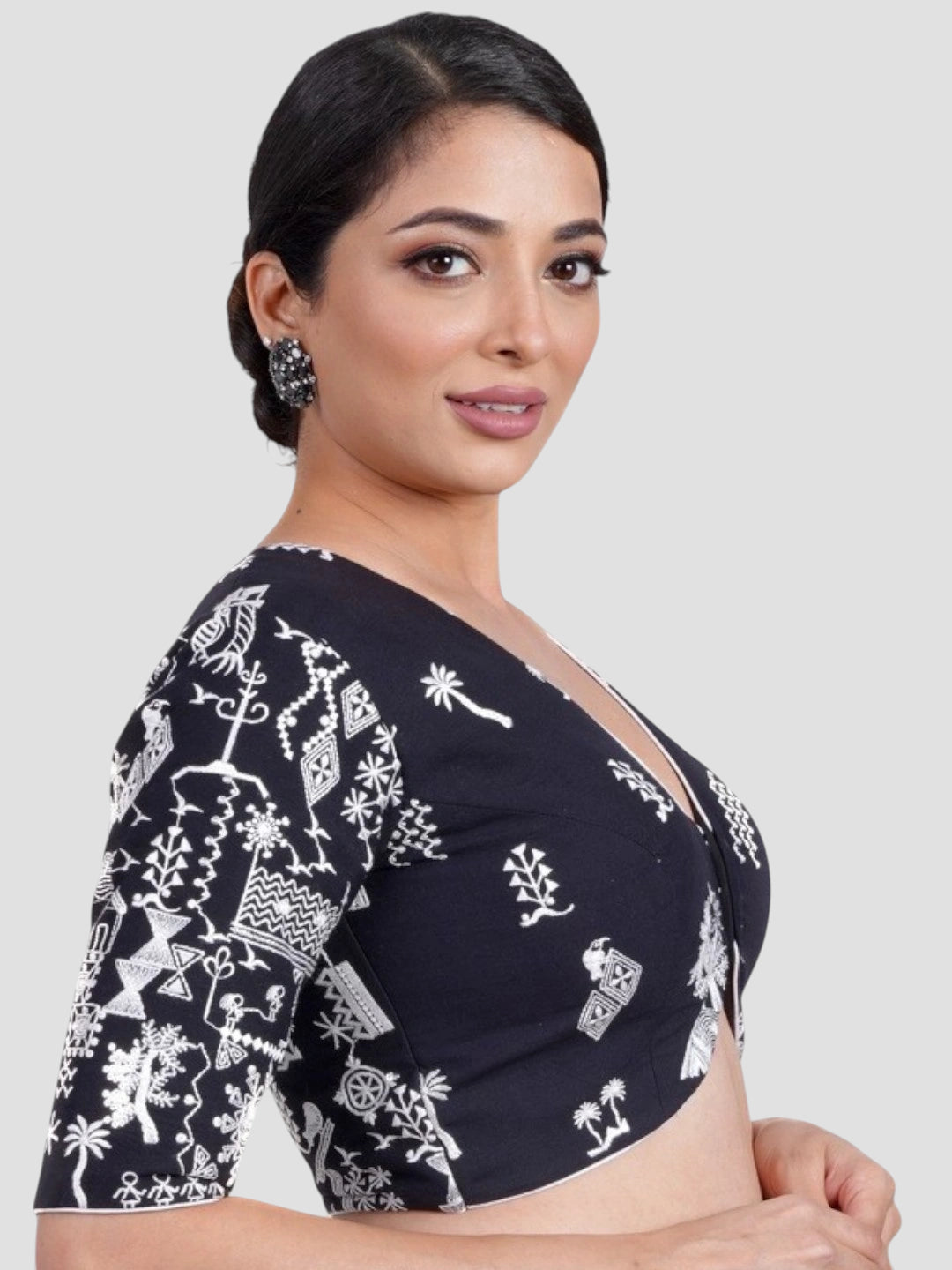 Black Cotton V Neck Half Sleeves Readymade Blouse