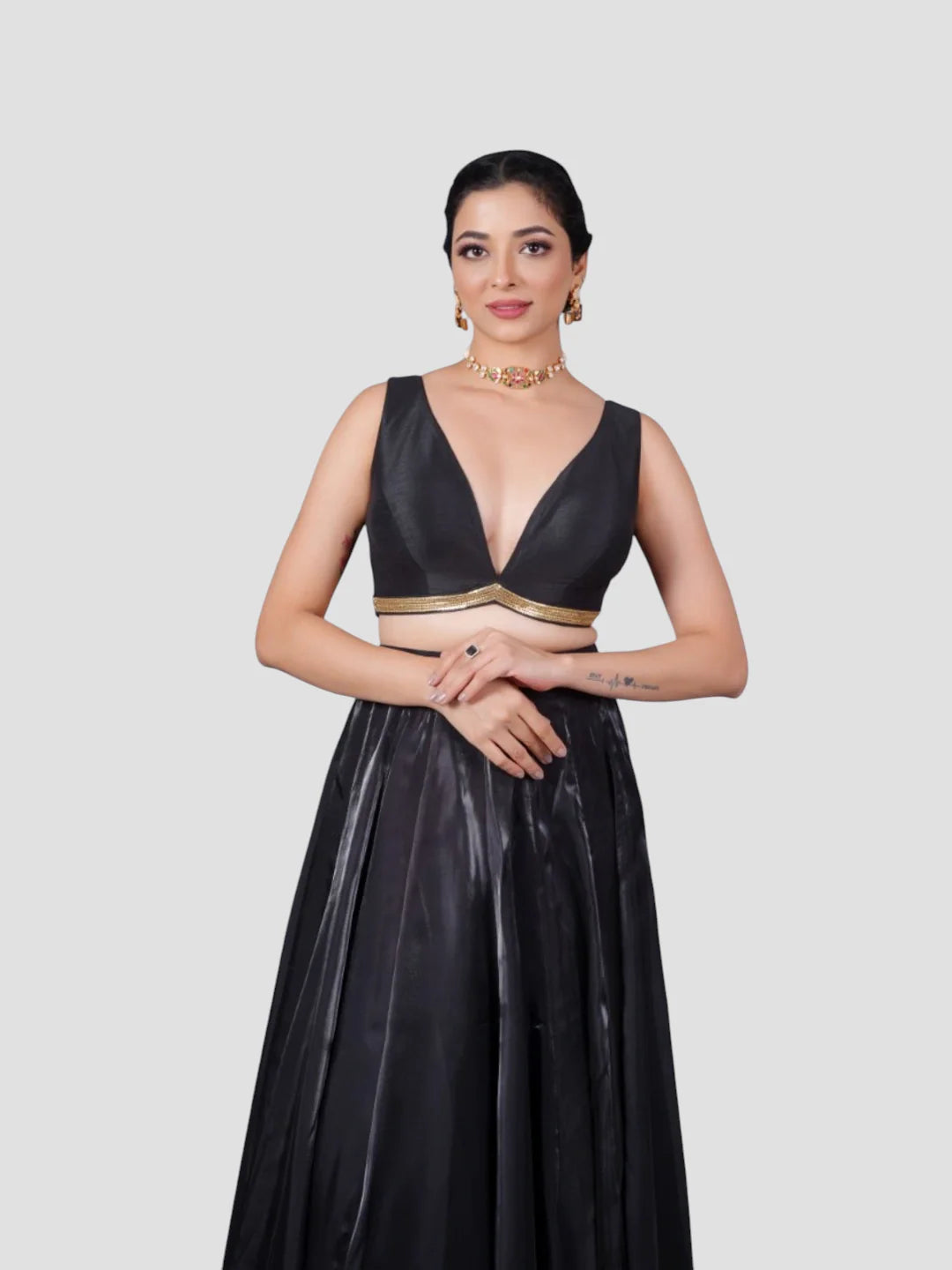 Black Silk Deep Neck Sleeveless Readymade Blouse