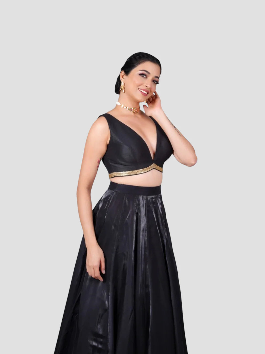 Black Silk Deep Neck Sleeveless Readymade Blouse
