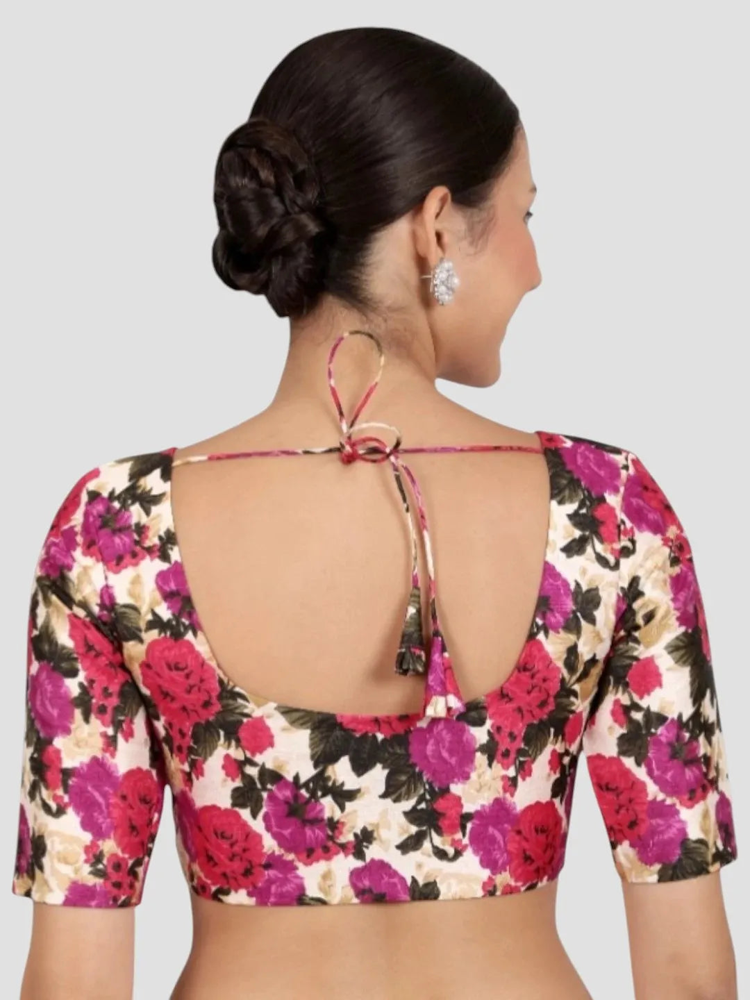 Cream with Pink Floral Print Art Silk Readymade Saree Blouse