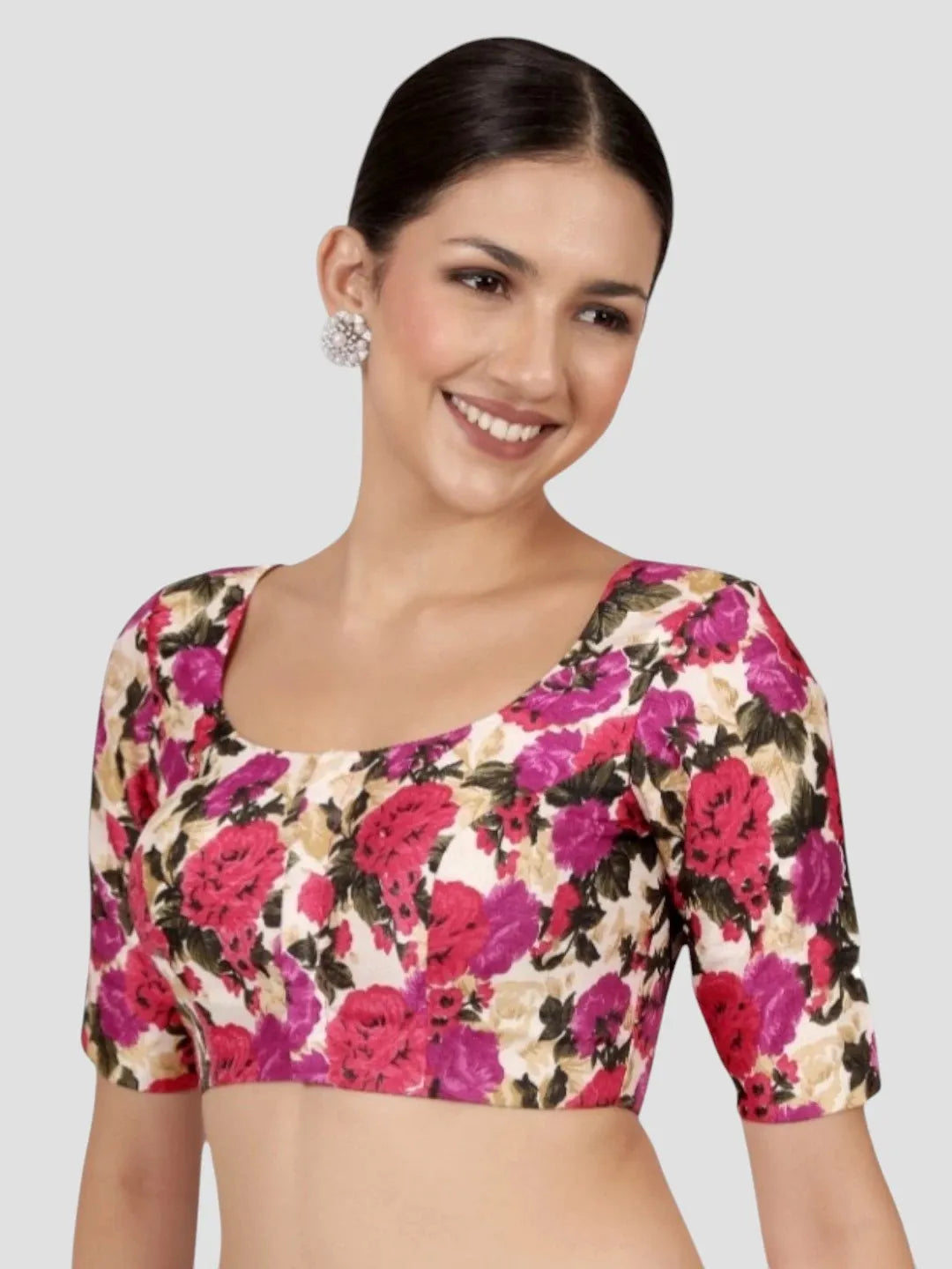 Cream with Pink Floral Print Art Silk Readymade Saree Blouse