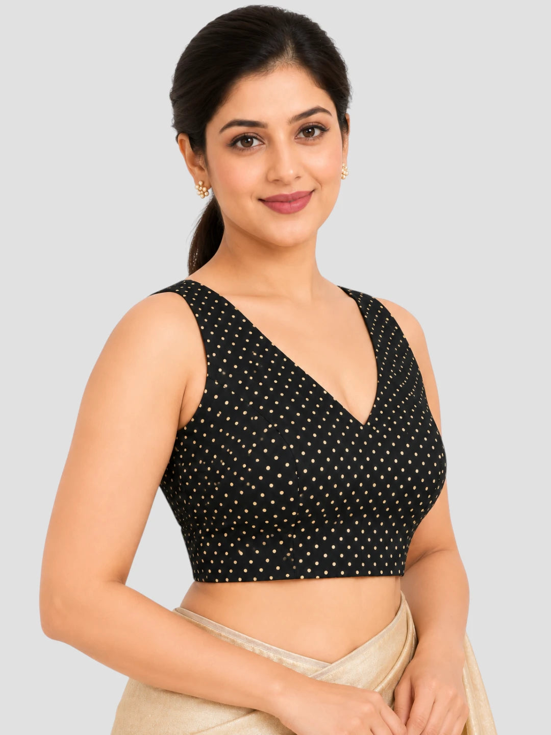Black Silk Polka Dot Sleeveless Blouse with Deep V-Neck, Broad Shoulder Straps and Back Open Design