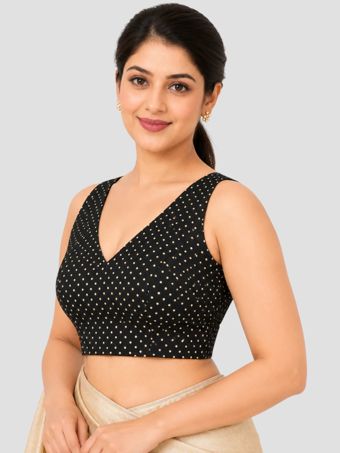 Black Silk Polka Dot Sleeveless Blouse with Deep V-Neck, Broad Shoulder Straps and Back Open Design
