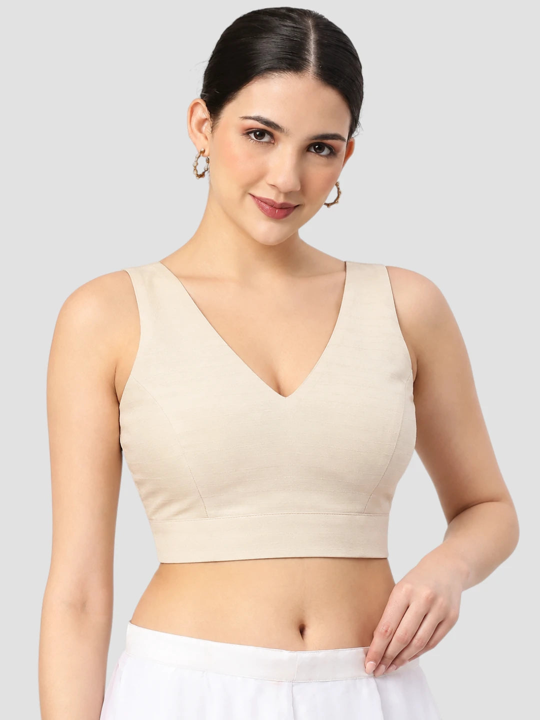 Cream Sleeveless V-Neck Stylish Solid Crop Ready to Wear Blouse