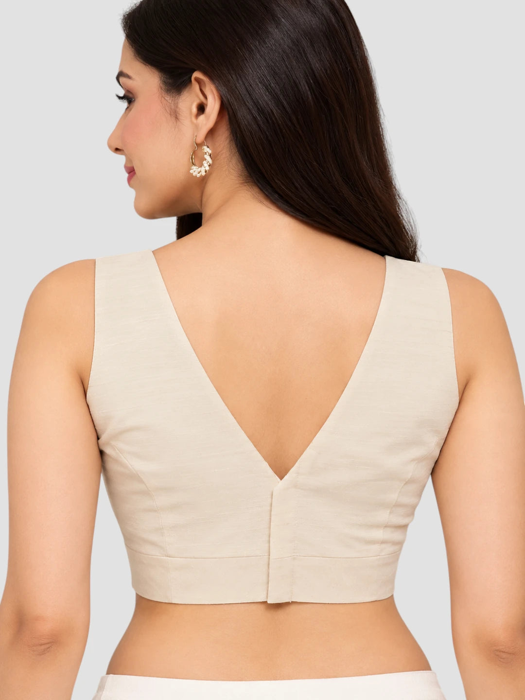 Cream Sleeveless V-Neck Stylish Solid Crop Ready to Wear Blouse