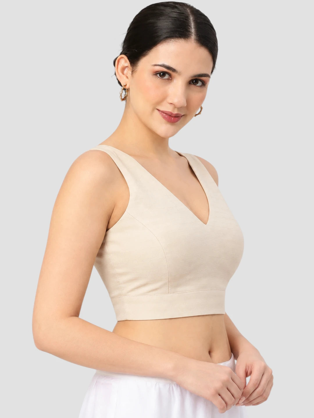 Cream Sleeveless V-Neck Stylish Solid Crop Ready to Wear Blouse