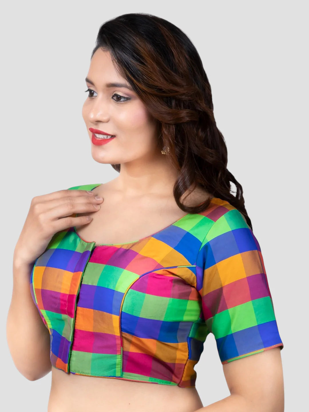 Multicolor Silk Round Neck Short Sleeves Readymade Blouse