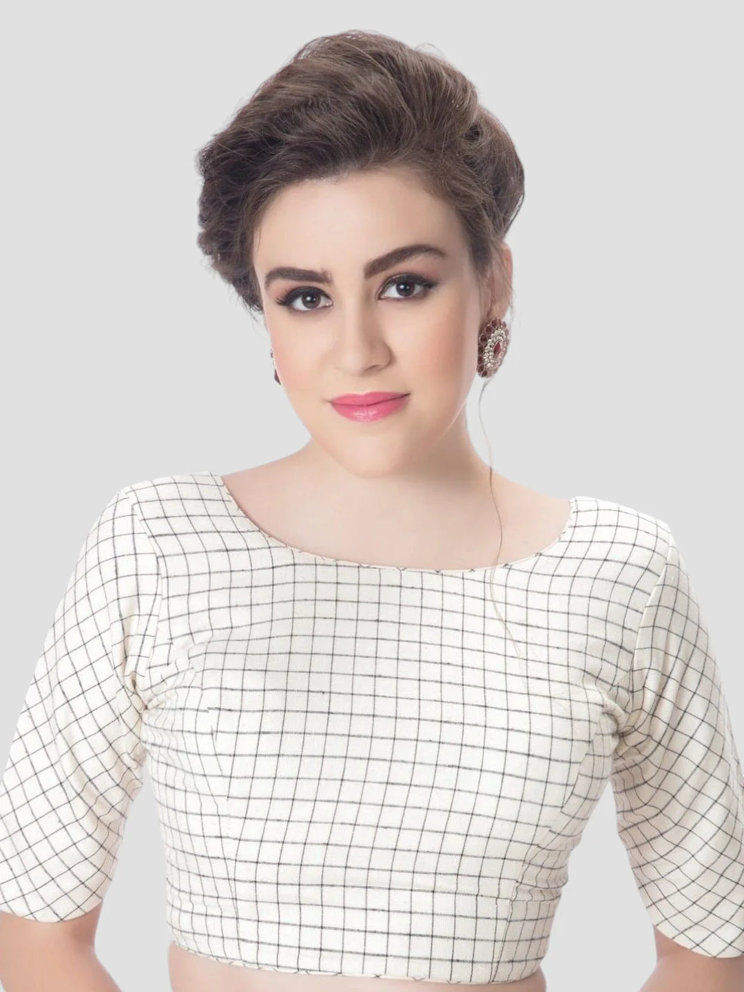 White Cotton Round Neck Half Sleeves Readymade Blouse