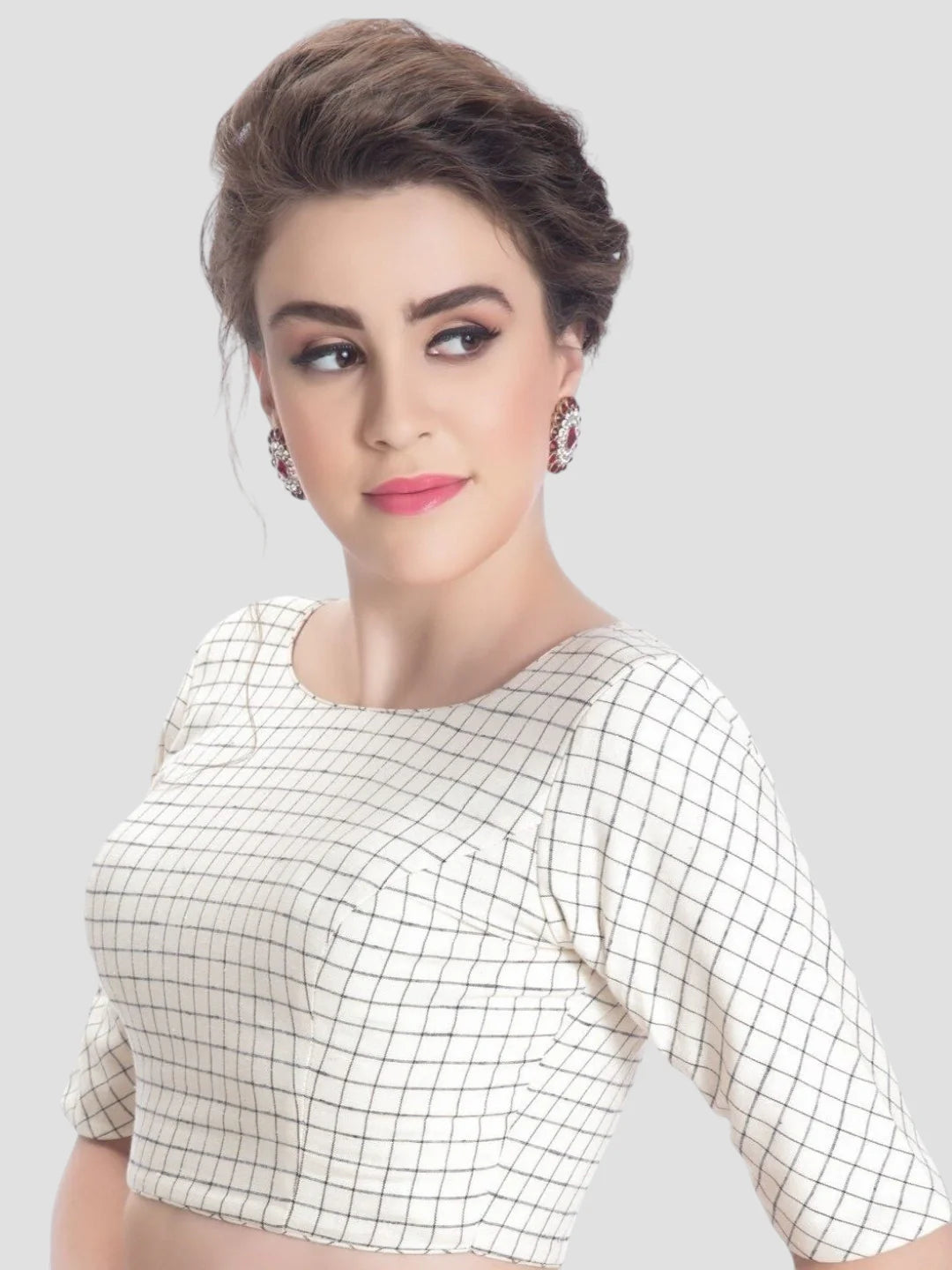 White Cotton Round Neck Half Sleeves Readymade Blouse