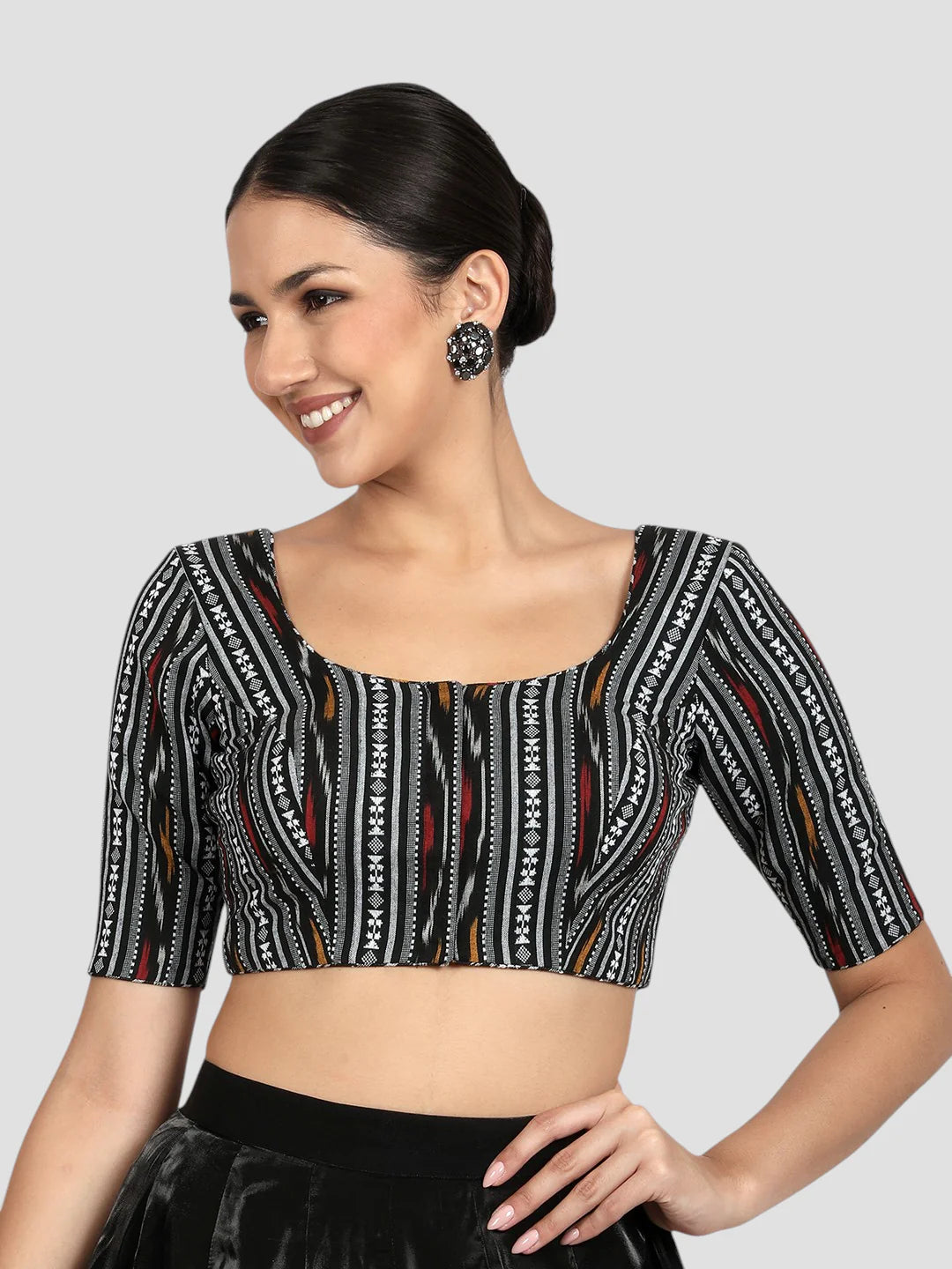 Black & Multicolored Ikat Print Cotton Readymade Saree Blousewith Half Sleeves & Deep Back Tie Up