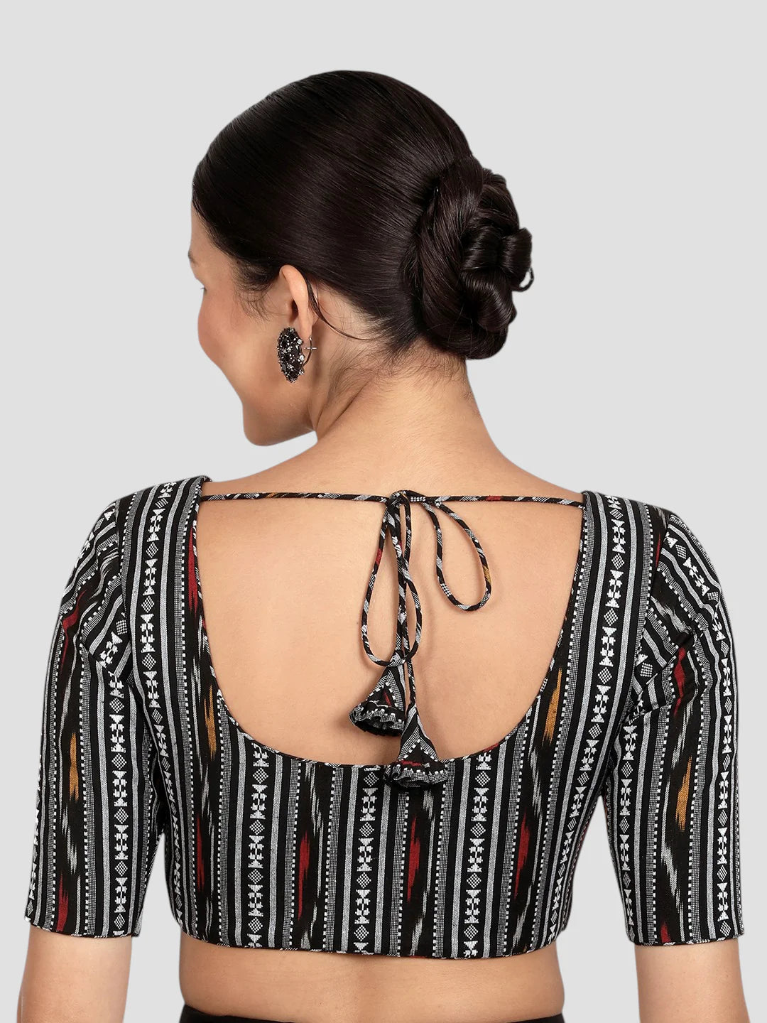 Black & Multicolored Ikat Print Cotton Readymade Saree Blousewith Half Sleeves & Deep Back Tie Up