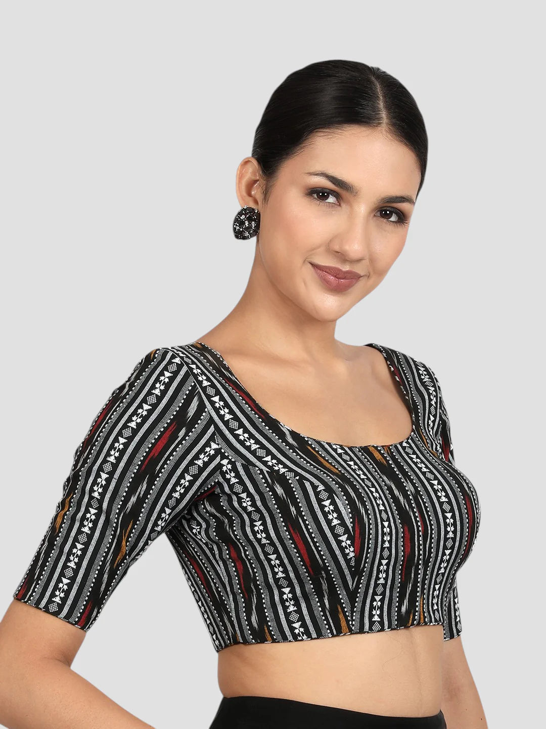 Black & Multicolored Ikat Print Cotton Readymade Saree Blousewith Half Sleeves & Deep Back Tie Up