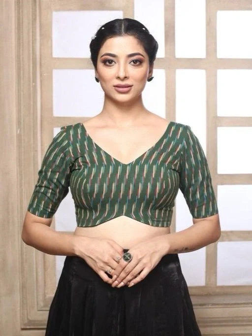 Green Ikkat V Neck Half Sleeves Readymade Saree Blouse