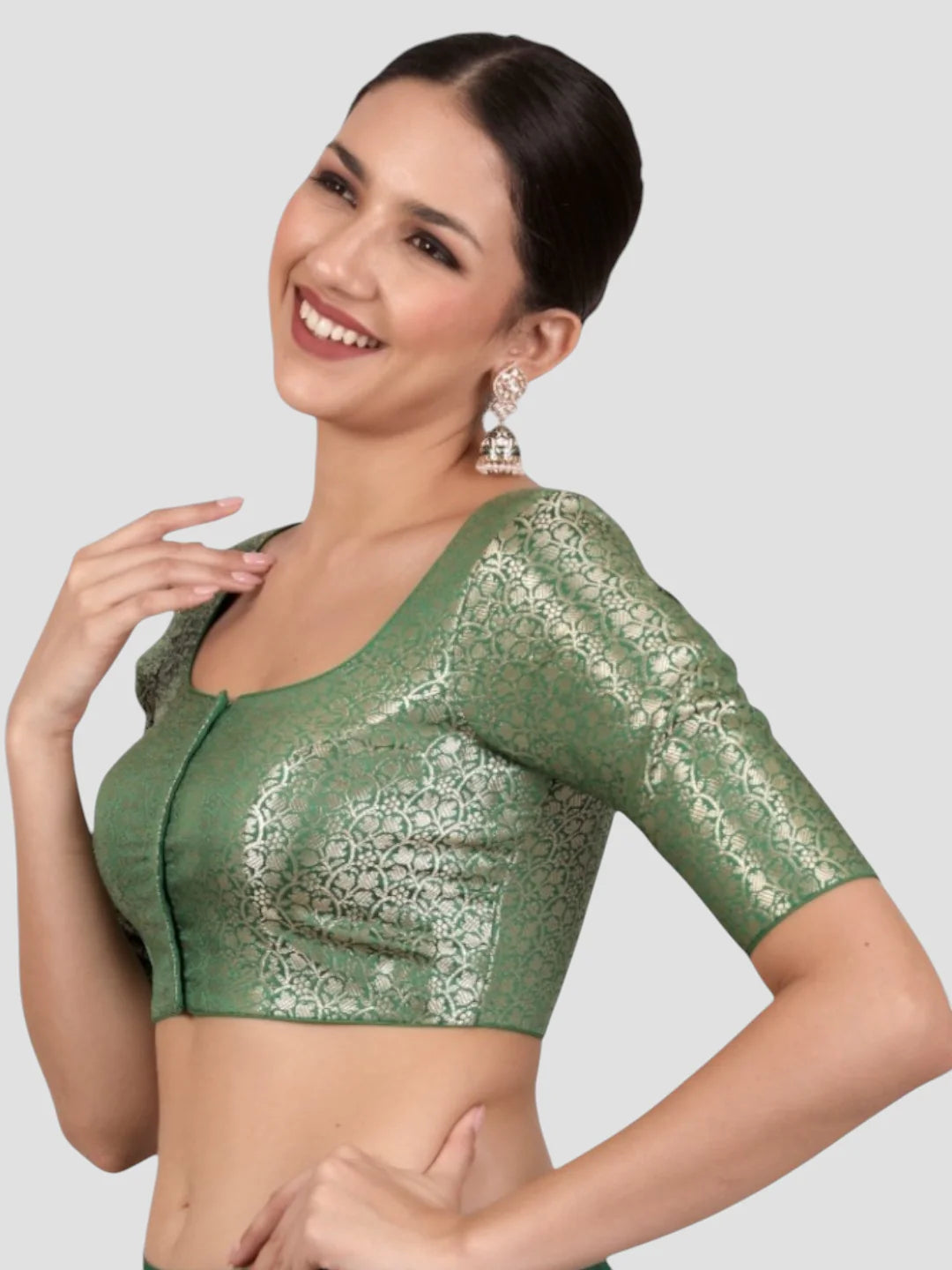 Elegant Green Brocade Padded Readymade Saree Blouse