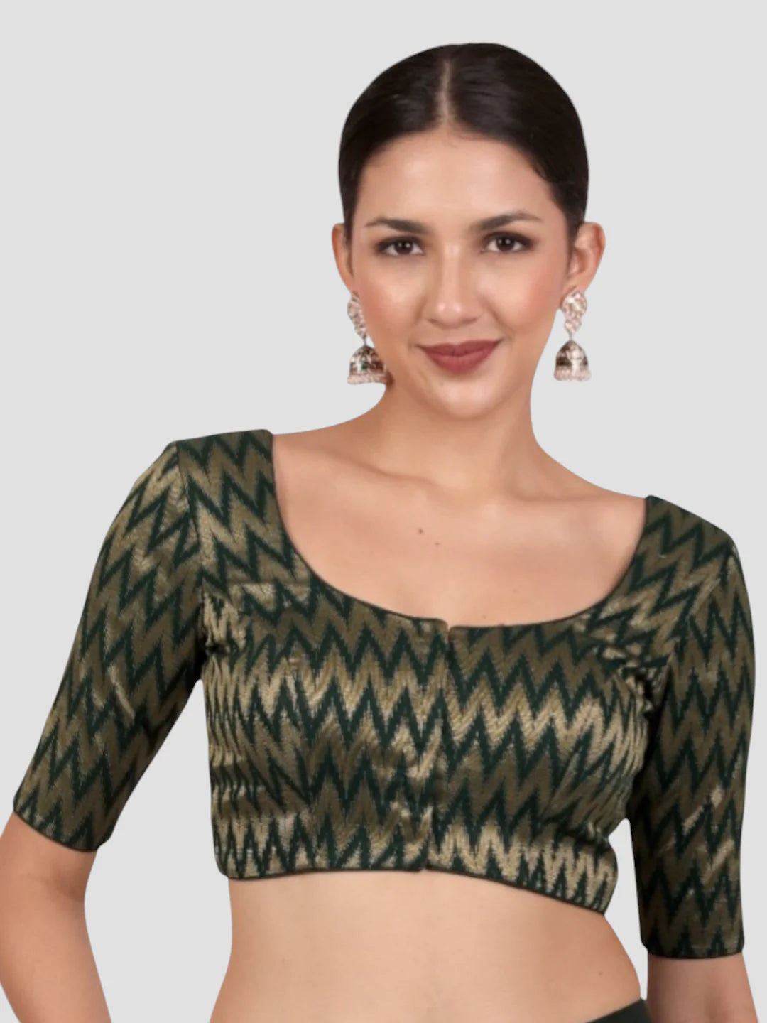 Bottle Green & Gold Zigzag Pattern Brocade Readymade Saree Blouse