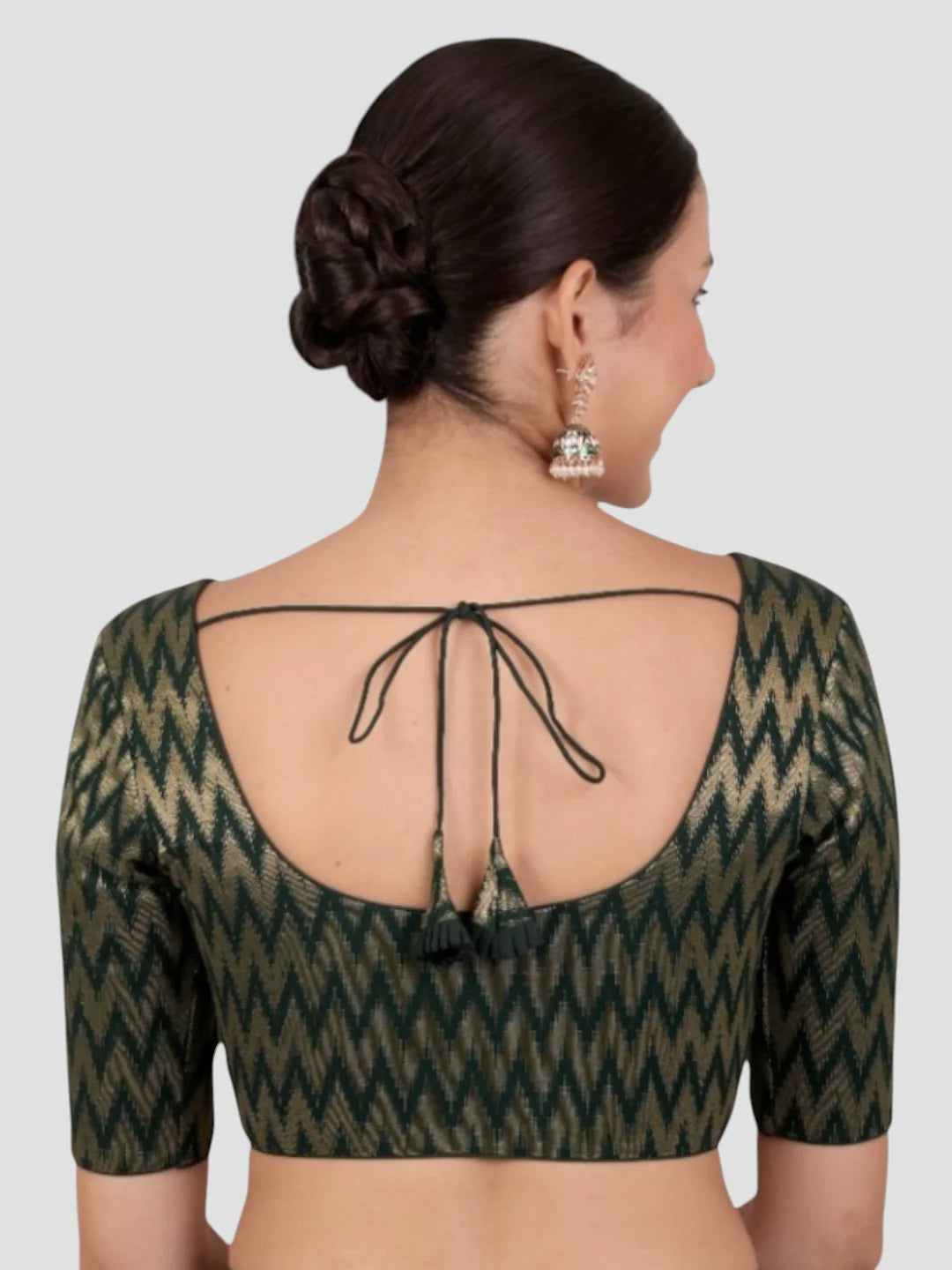 Bottle Green & Gold Zigzag Pattern Brocade Readymade Saree Blouse