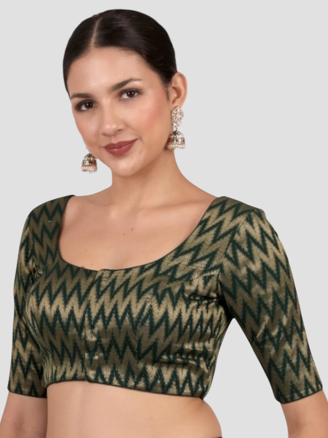 Bottle Green & Gold Zigzag Pattern Brocade Readymade Saree Blouse