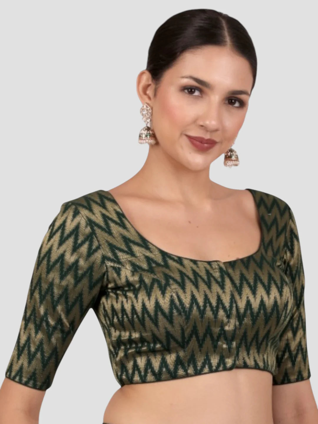 Bottle Green & Gold Zigzag Pattern Brocade Readymade Saree Blouse
