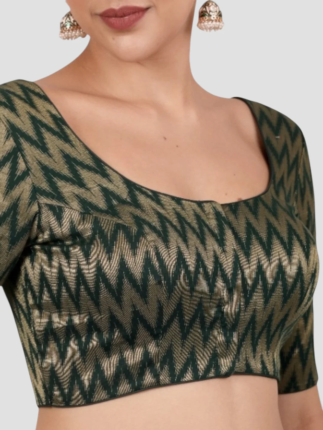 Bottle Green & Gold Zigzag Pattern Brocade Readymade Saree Blouse