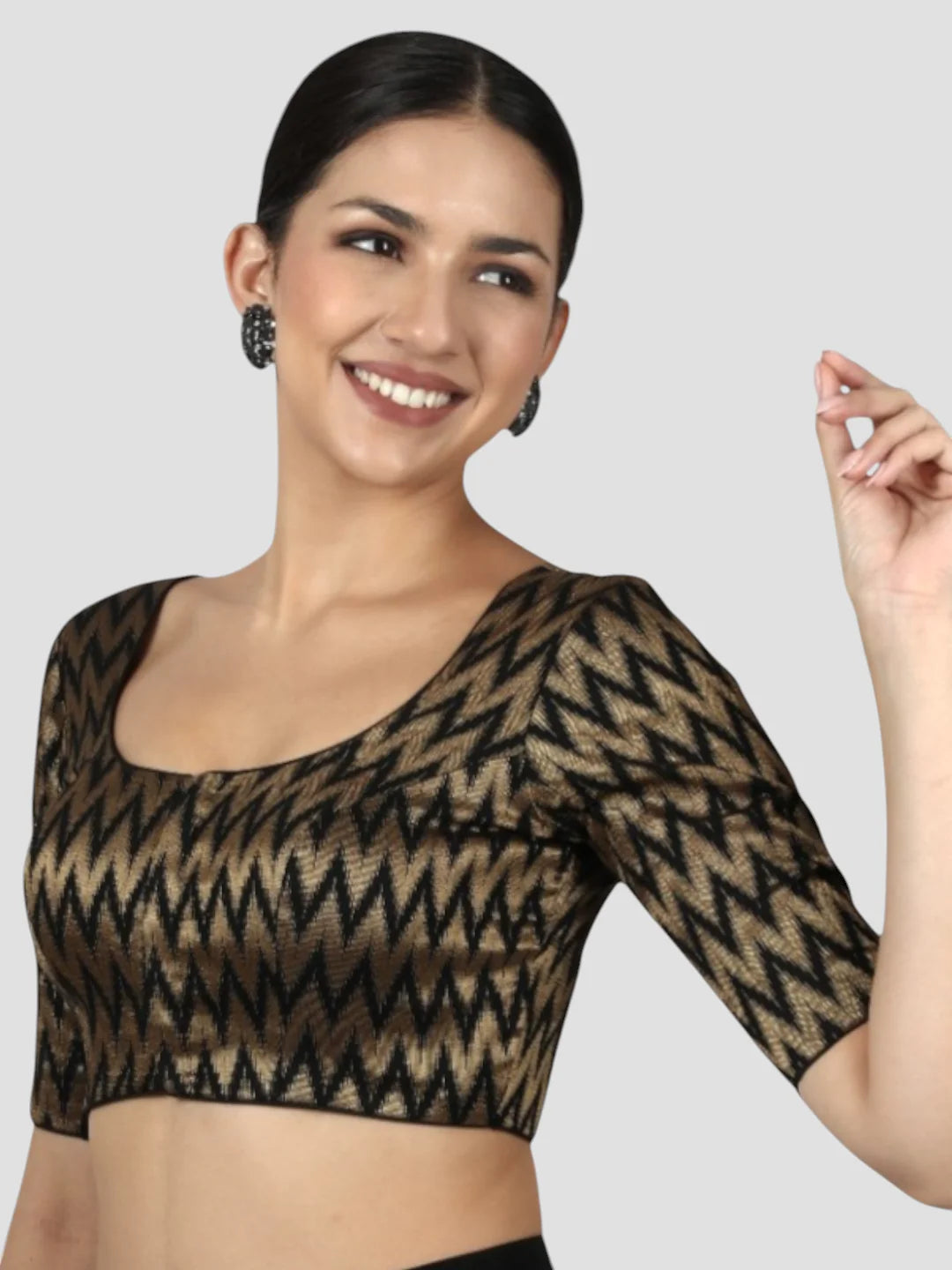 Black & Gold Zigzag Pattern Brocade Readymade Saree Blouse