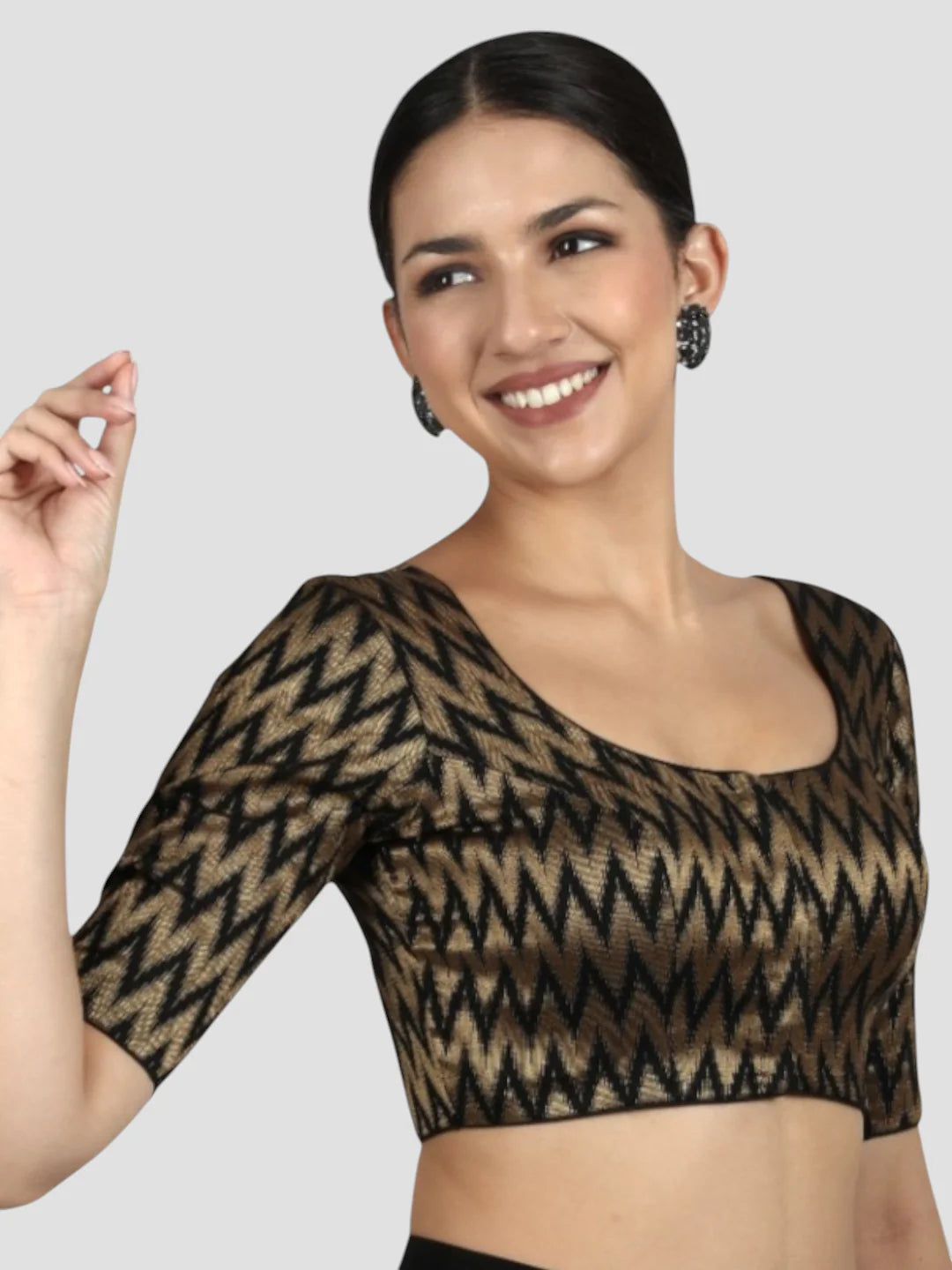 Black & Gold Zigzag Pattern Brocade Readymade Saree Blouse