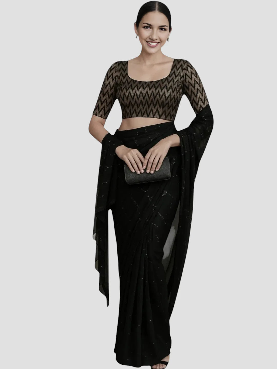 Black & Gold Zigzag Pattern Brocade Readymade Saree Blouse