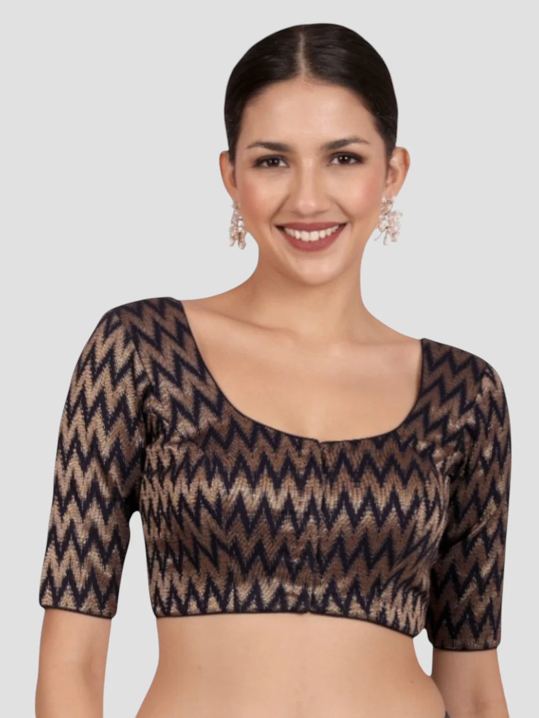 Navy Blue & Gold Zigzag Pattern Brocade Readymade Saree Blouse