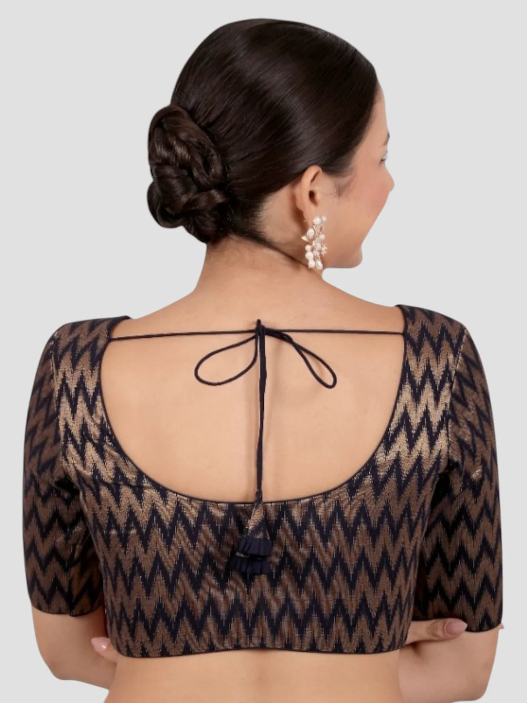 Navy Blue & Gold Zigzag Pattern Brocade Readymade Saree Blouse