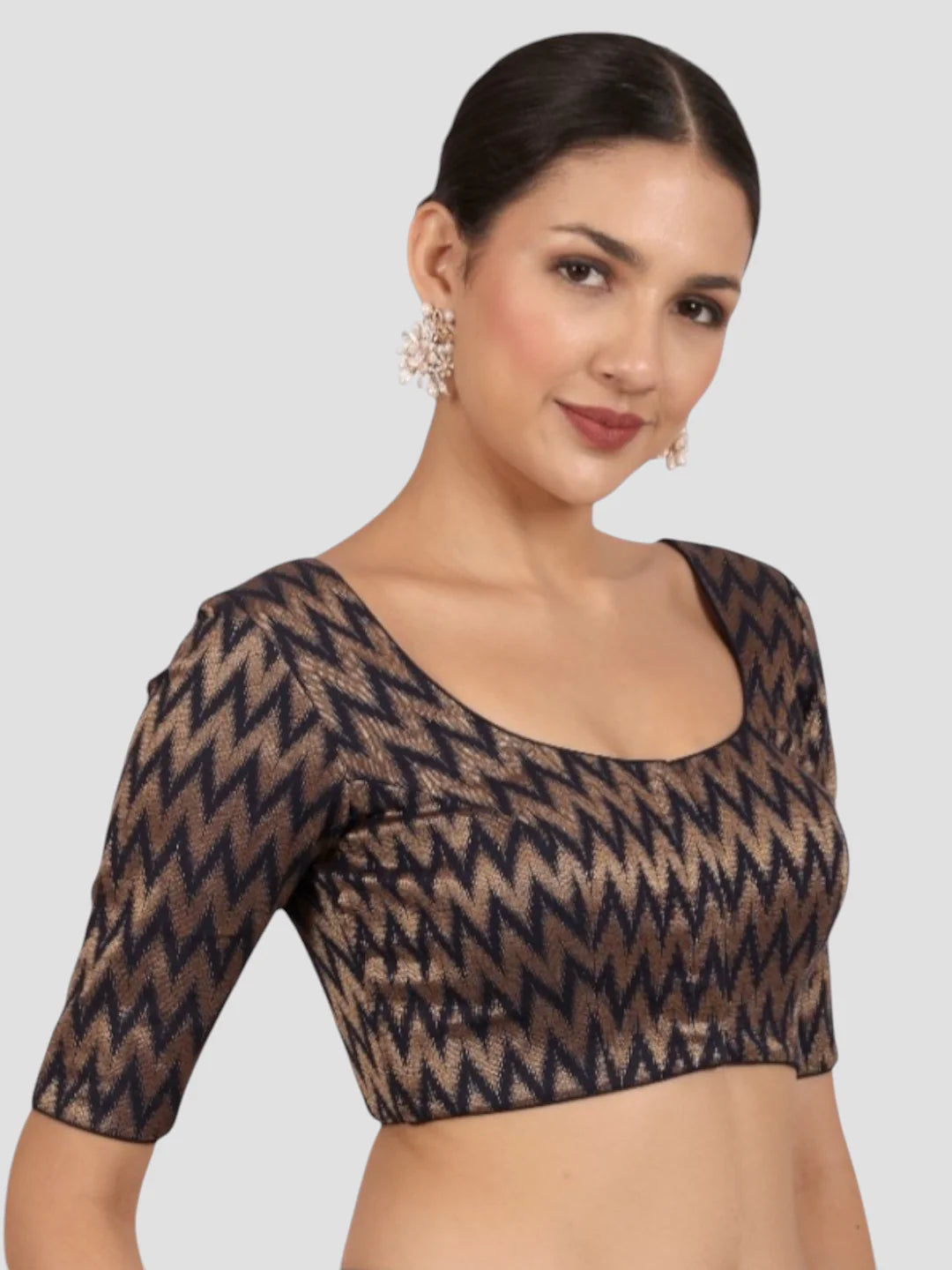 Navy Blue & Gold Zigzag Pattern Brocade Readymade Saree Blouse