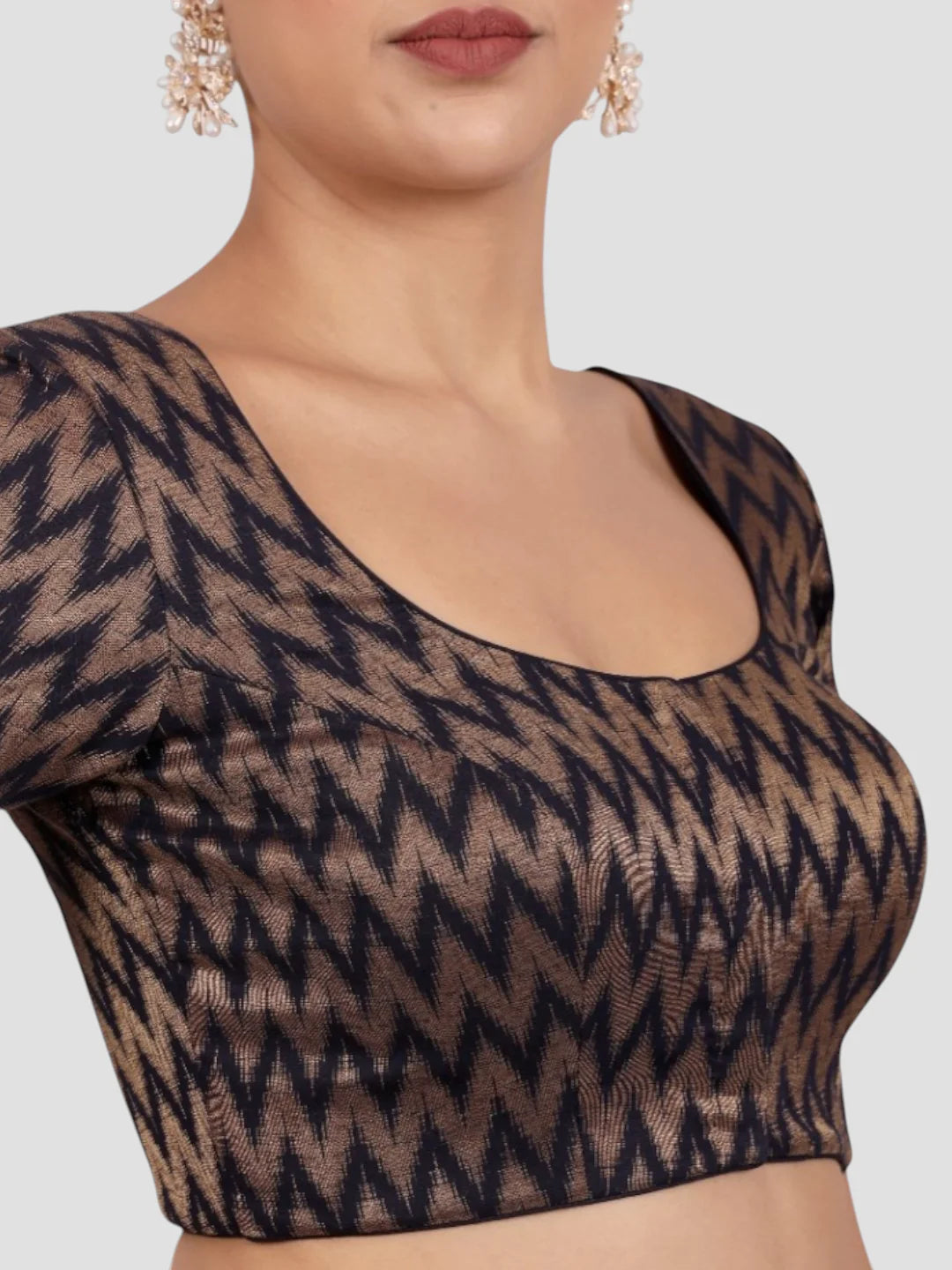 Navy Blue & Gold Zigzag Pattern Brocade Readymade Saree Blouse