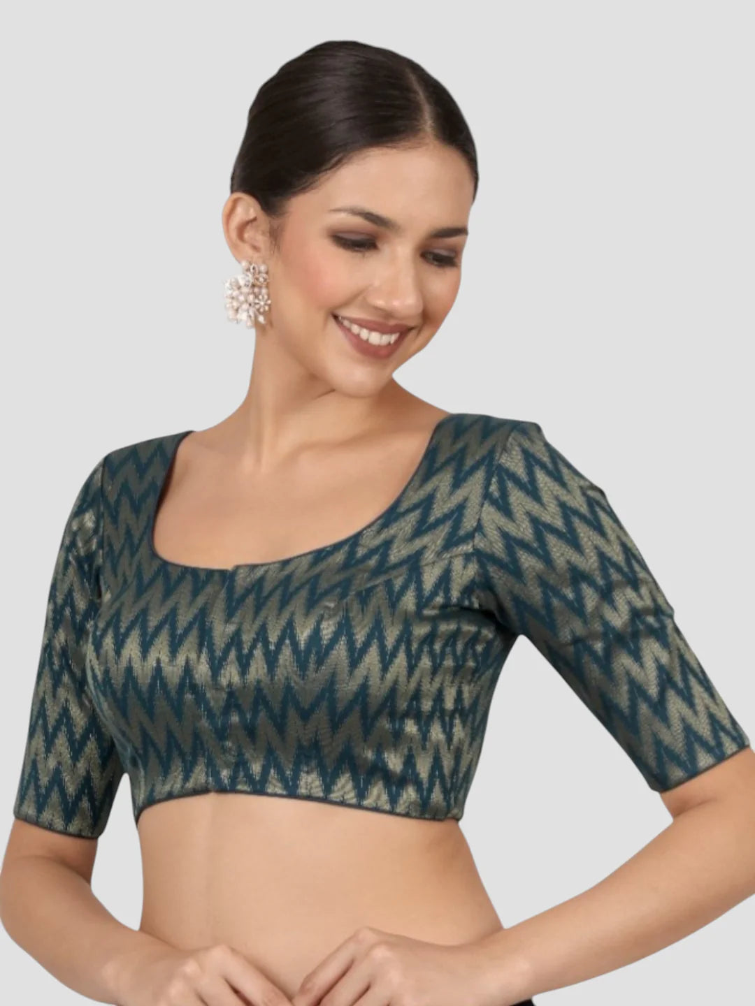 Teal Blue & Gold Zigzag Pattern Brocade Readymade Saree Blouse