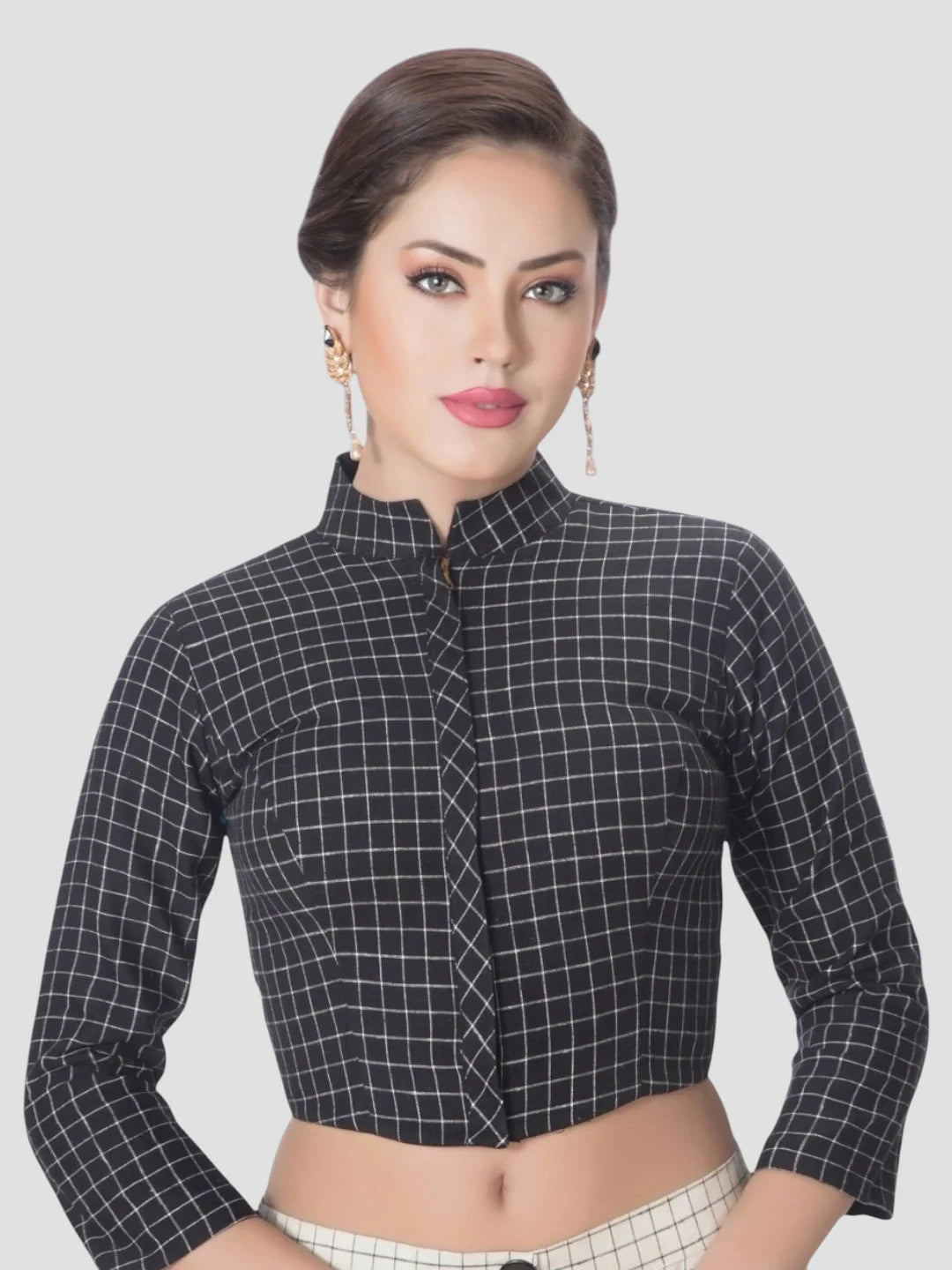 Black Cotton Collar Neck 3/4 Sleeves Readymade Blouse