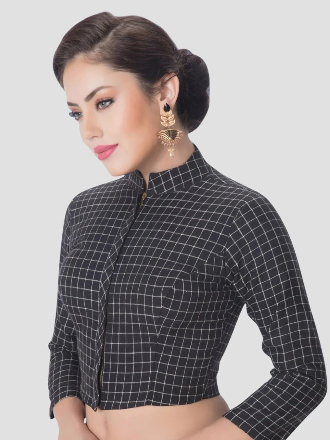 Black Cotton Collar Neck 3/4 Sleeves Readymade Blouse