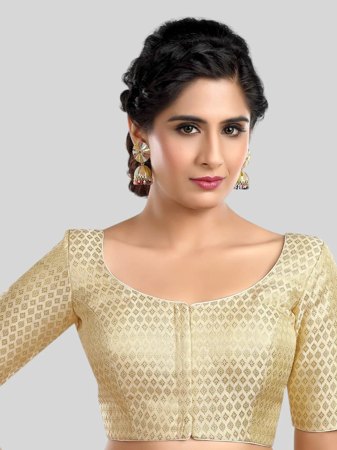 Creamy Brocade Round Neck Half Sleeves Readymade Blouse