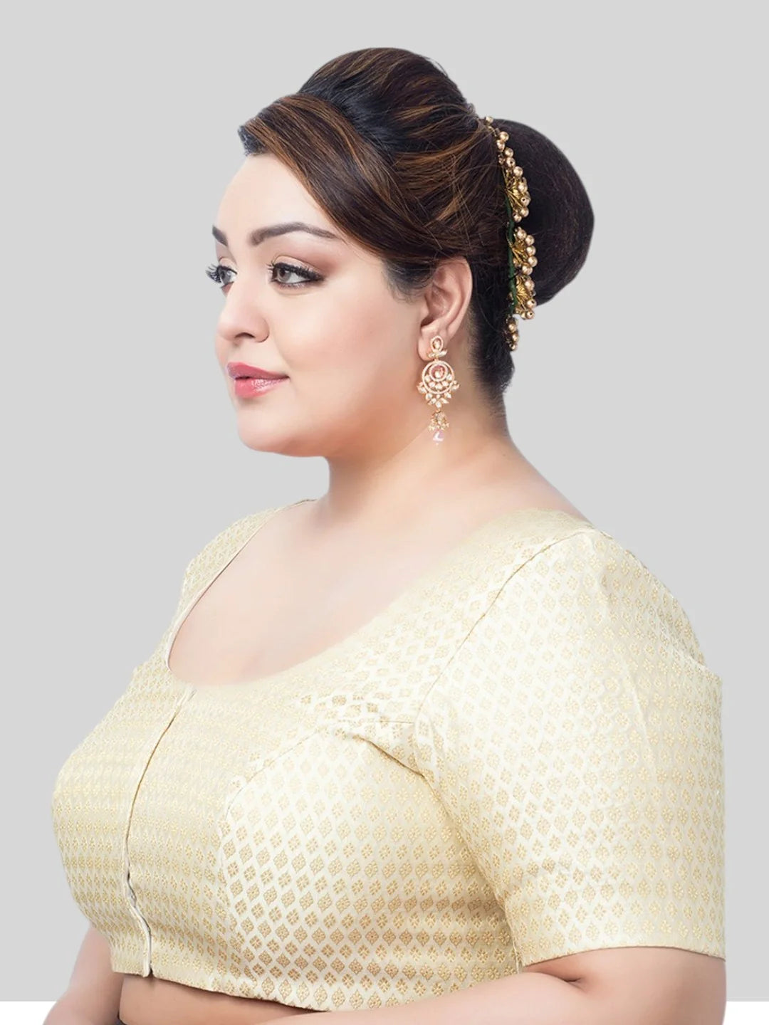 Creamy Brocade Round Neck Half Sleeves Readymade Blouse