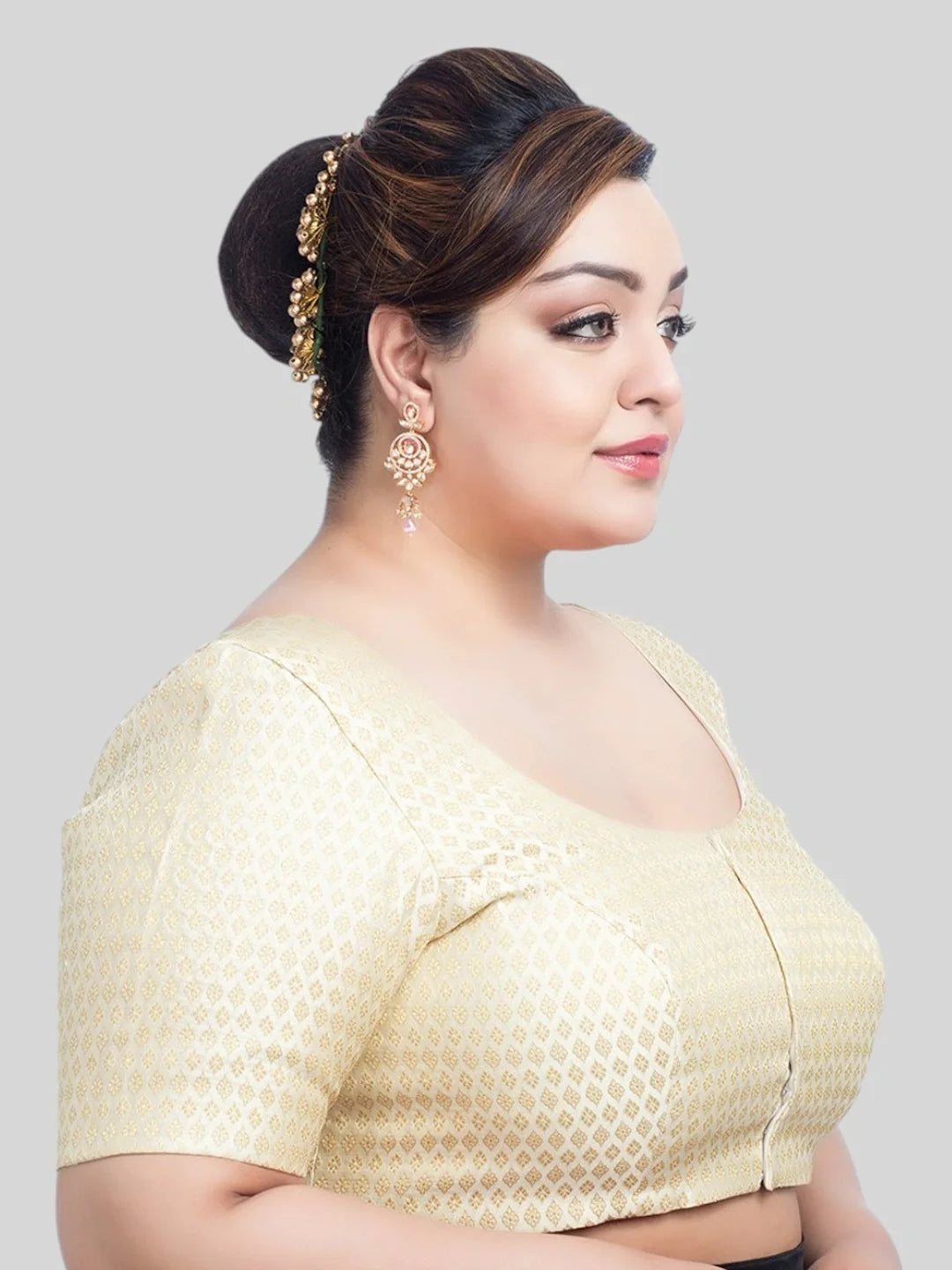 Creamy Brocade Round Neck Half Sleeves Readymade Blouse