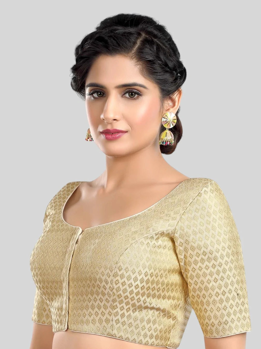 Creamy Brocade Round Neck Half Sleeves Readymade Blouse