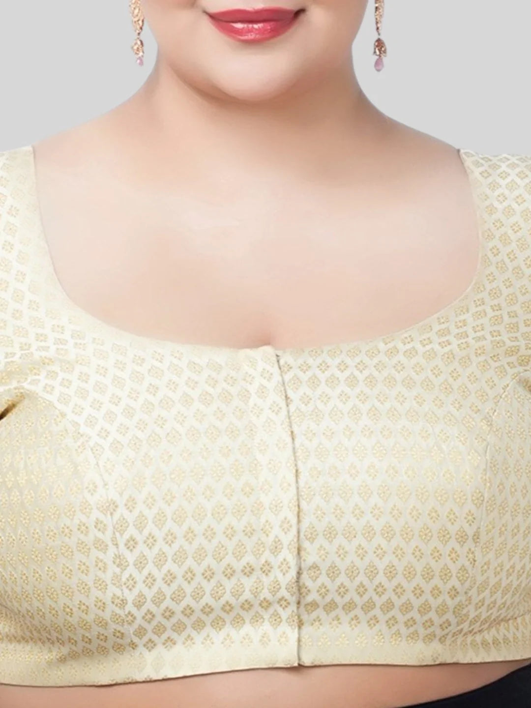 Creamy Brocade Round Neck Half Sleeves Readymade Blouse